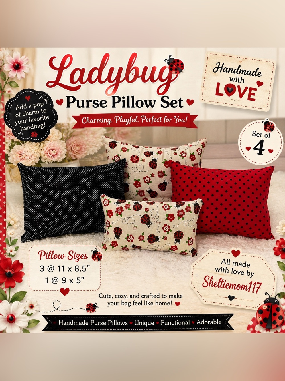🐞 Handmade Ladybug Purse Pillow Set of 4 | Purse Shapers | Bag Stuffers |